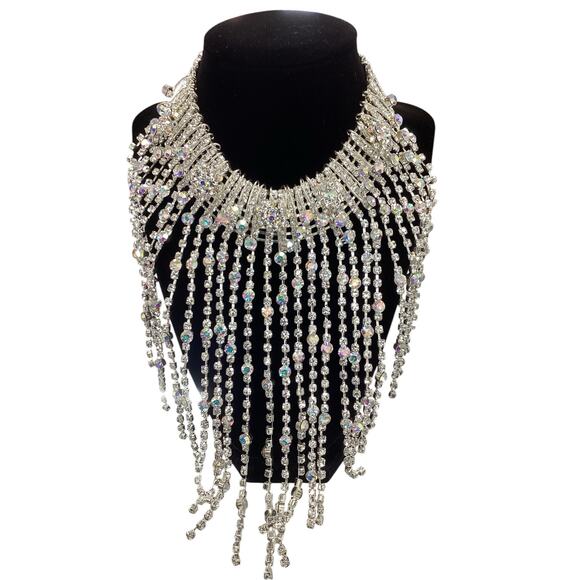New Rhinestone Necklace Womens 1Size Choker Style Shiny Iridescent Multi Strands - Picture 1 of 5